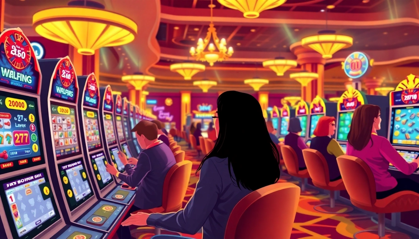 Experience สล็อตเครดิตฟรี and colorful slot machines in a lively casino atmosphere.