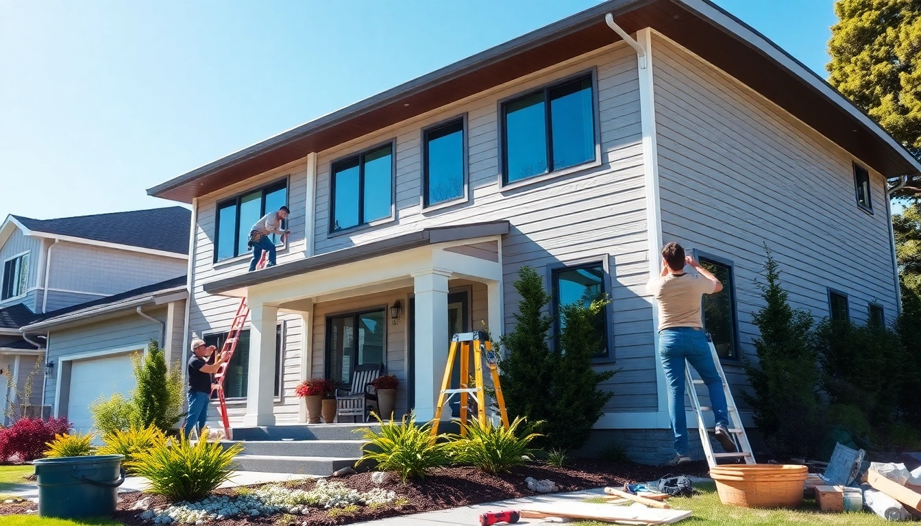 Workers performing exterior renovations on a modern home showcasing fresh siding and landscaping.