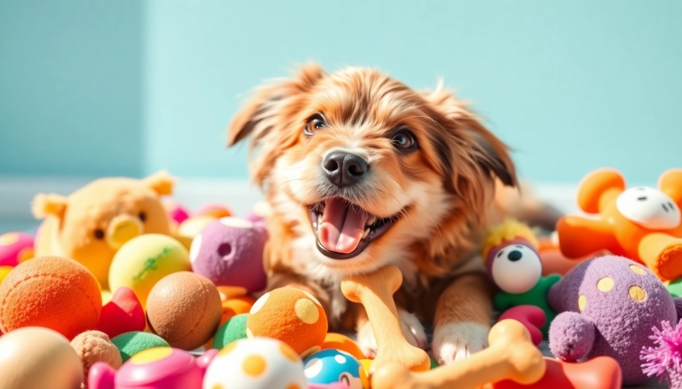 Dog joyfully playing with an array of vibrant pet toys, showcasing their various textures.