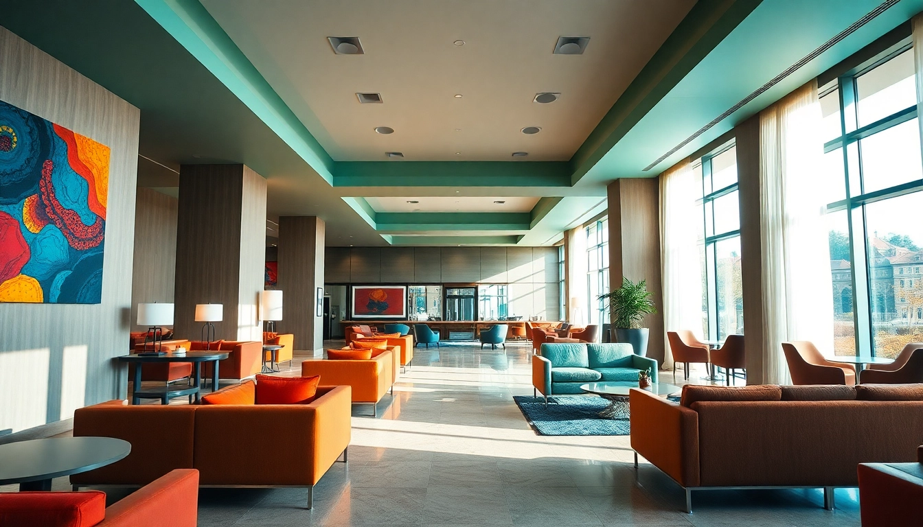 Showcasing hotel management through a vibrant hotel lobby design with inviting decor and natural light.