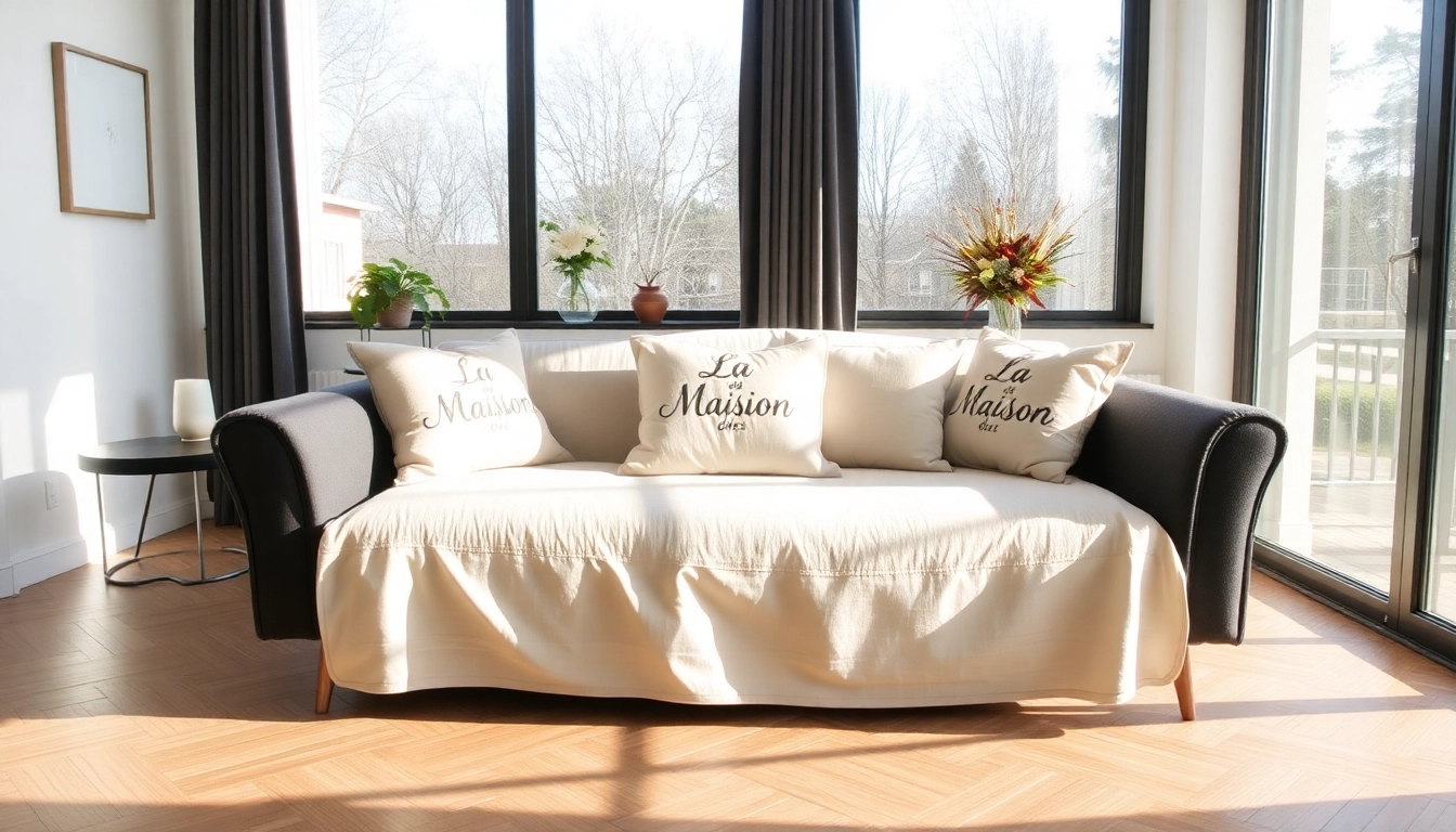 Transform your space with La Maison des housses, featuring an elegant sofa cover that enhances home décor.