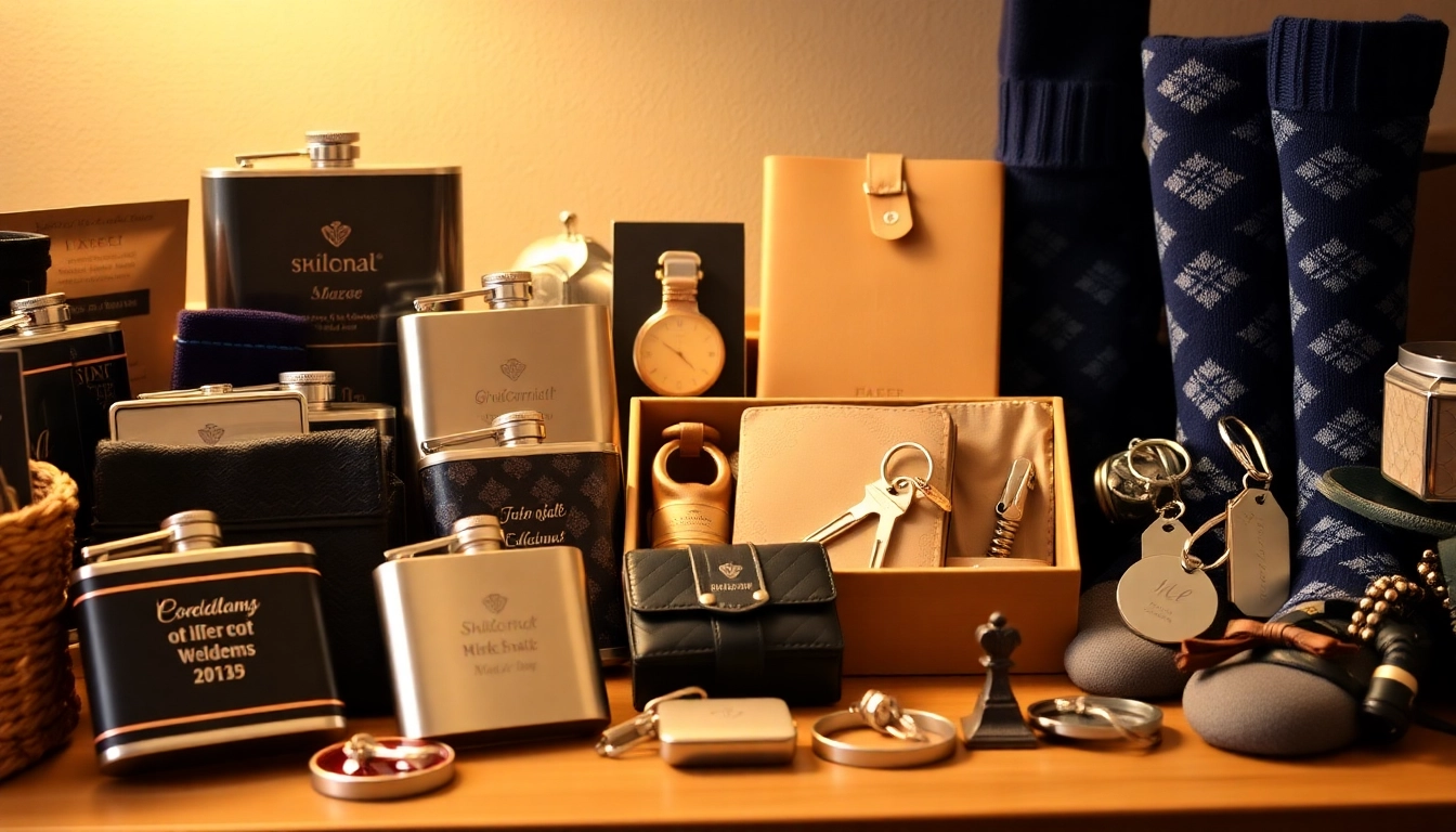 Showcase unique cheap groomsmen gifts like personalized flasks and keychains in an inviting setup.