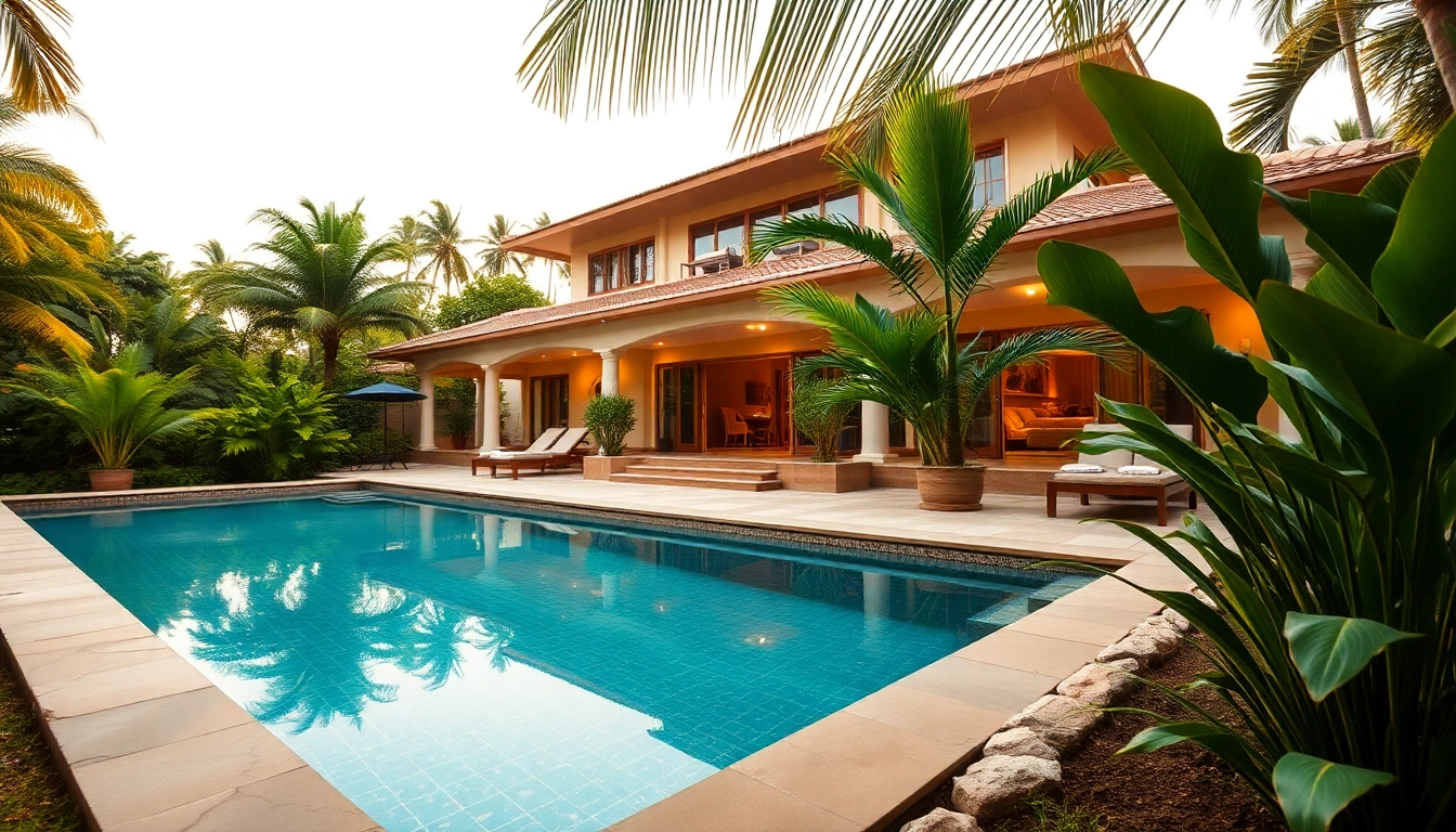 Rent a villa property for sale with stunning pool and lush landscaping in a tropical setting.