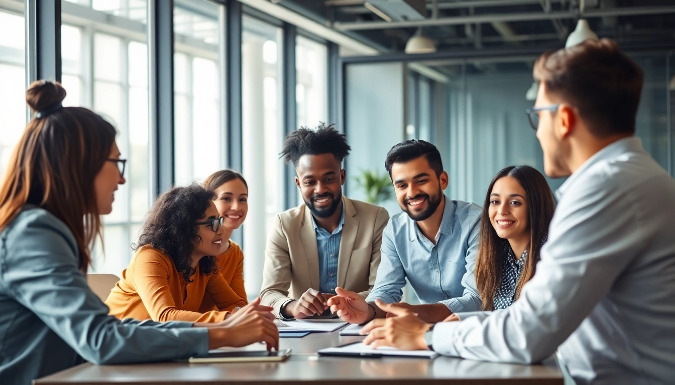 Outsourcing team collaborating in a modern office, showcasing diverse professionals engaged in strategic discussions.