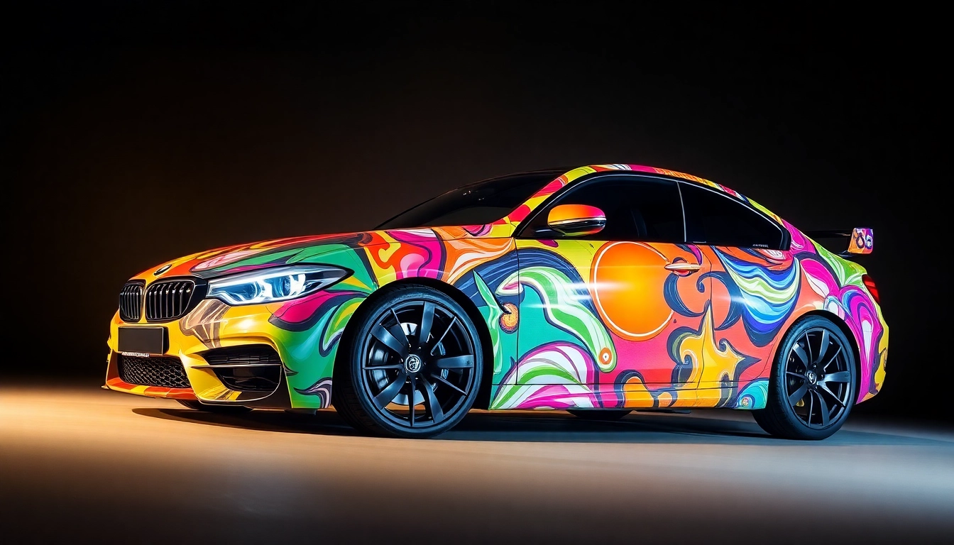 Showcasing Custom Car Wrap Services with a vibrant and artistic vehicle design.