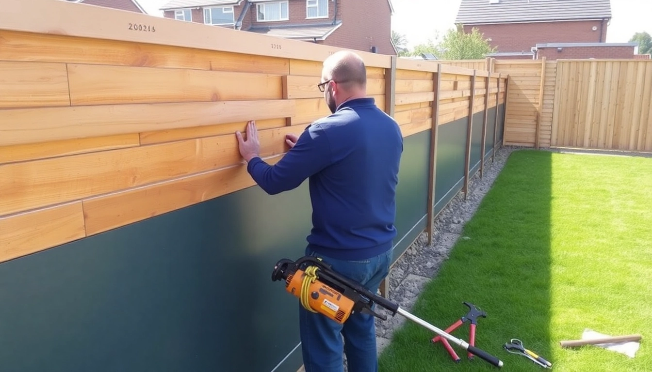 Showcasing fencing companies Manchester installing a stylish fence in a lush garden setting.