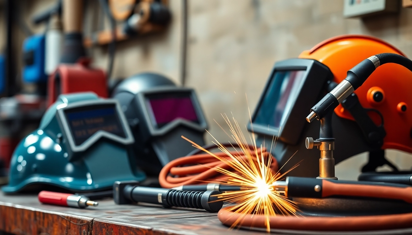 Showcase welding supplies including helmets and safety gear on a workbench for industrial projects.