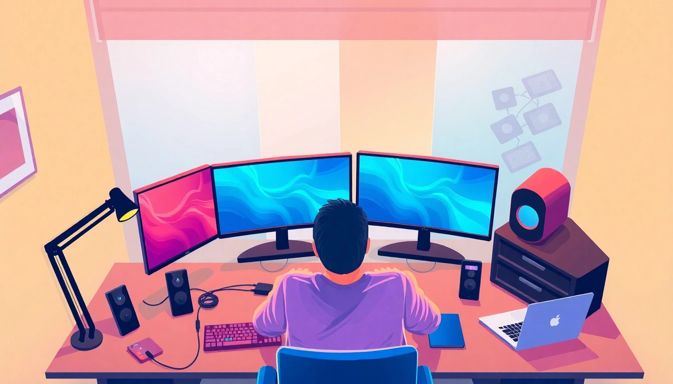 Setting up a dual monitor install in a modern workspace with vibrant displays.