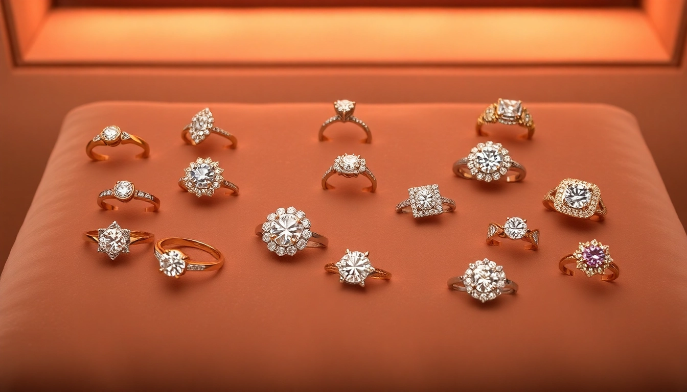 Showcase of stunning 2 Carat Engagement Rings in diverse styles and settings on a plush surface.