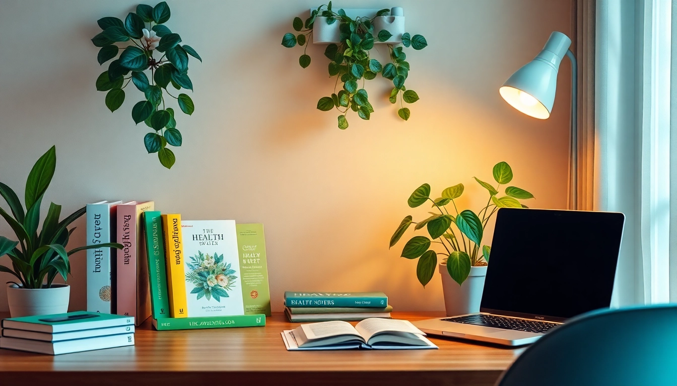 Engage with healthlifeherald.com to discover wellness tips on a cozy workspace filled with health books and plants.