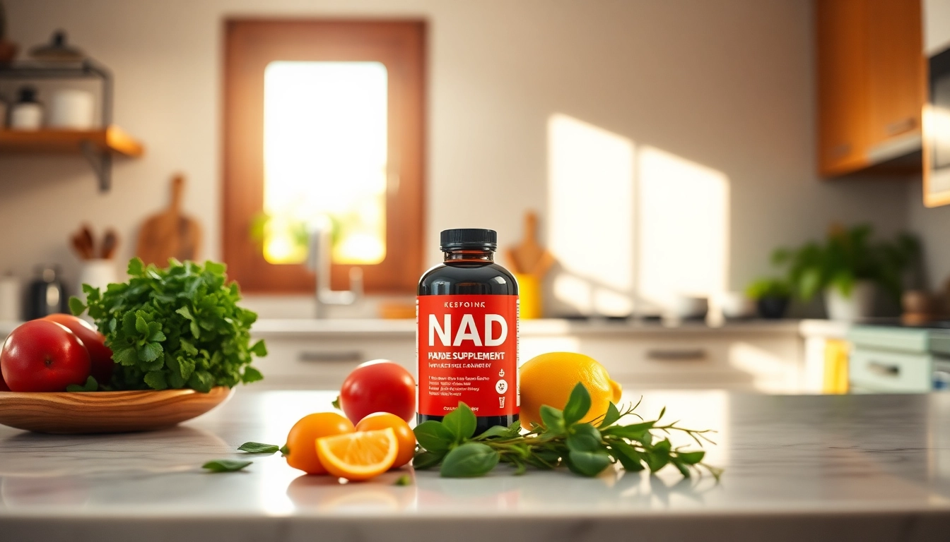 Showcase a bottle of NAD Supplement with fresh fruits and herbs, highlighting health benefits in a home kitchen.