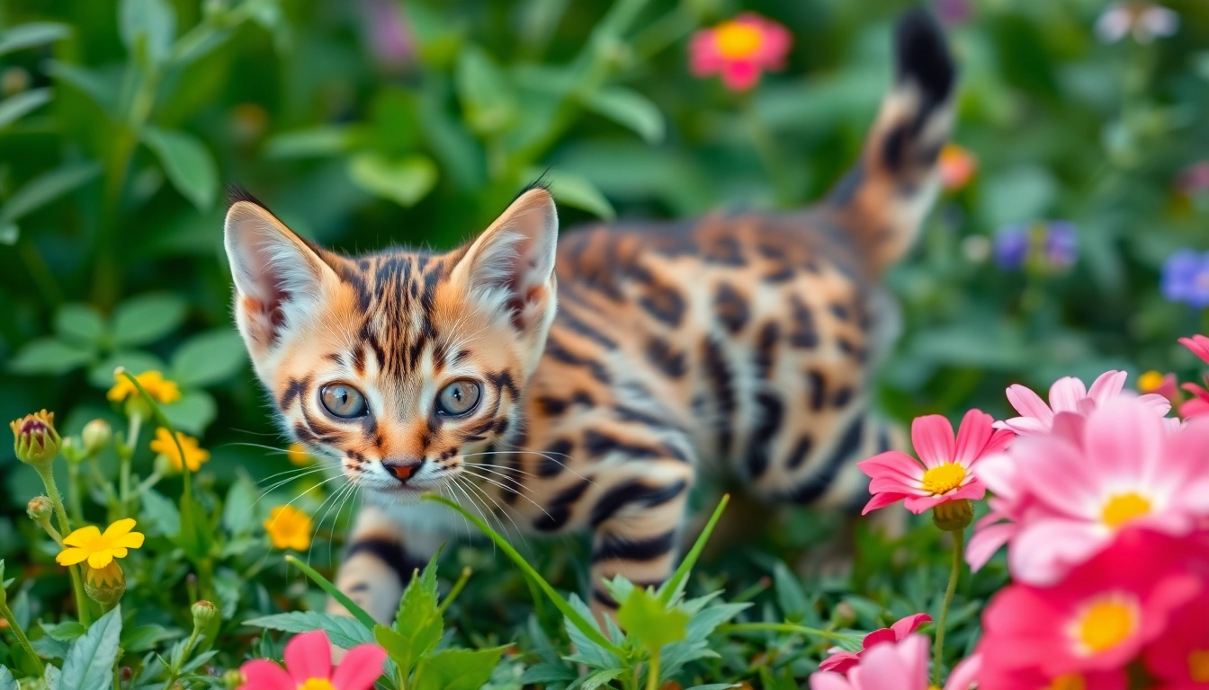 Registered Bengal Breeder showcasing an adorable Bengal kitten playing in a vibrant garden full of flowers.