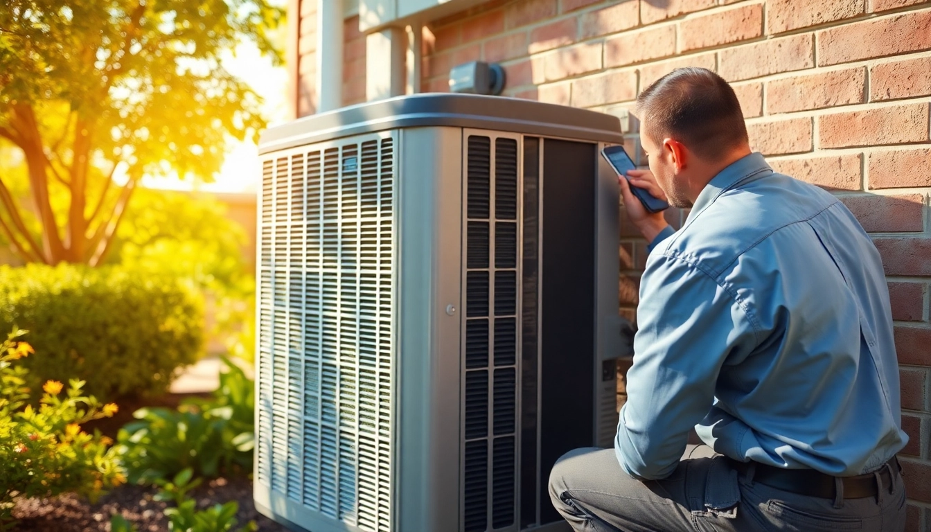 Technician troubleshooting a central air conditioner not blowing cold air outside a home.