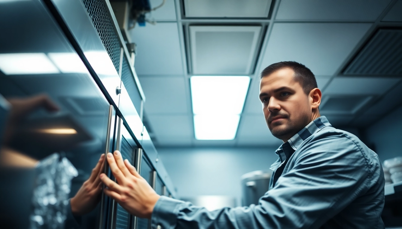 Technician performing Ice machine repair in a bustling commercial kitchen with bright details.