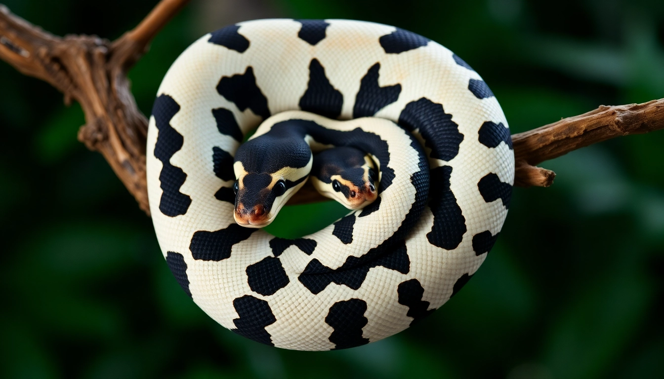 Stunning panda pied ball python for sale curving gracefully on a branch, showcasing its unique black and white pattern.