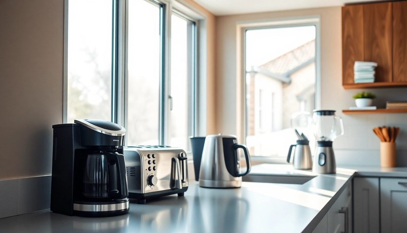 Showcase affordable kitchen appliances like stylish blenders and toasters enhancing a modern kitchen ambiance.