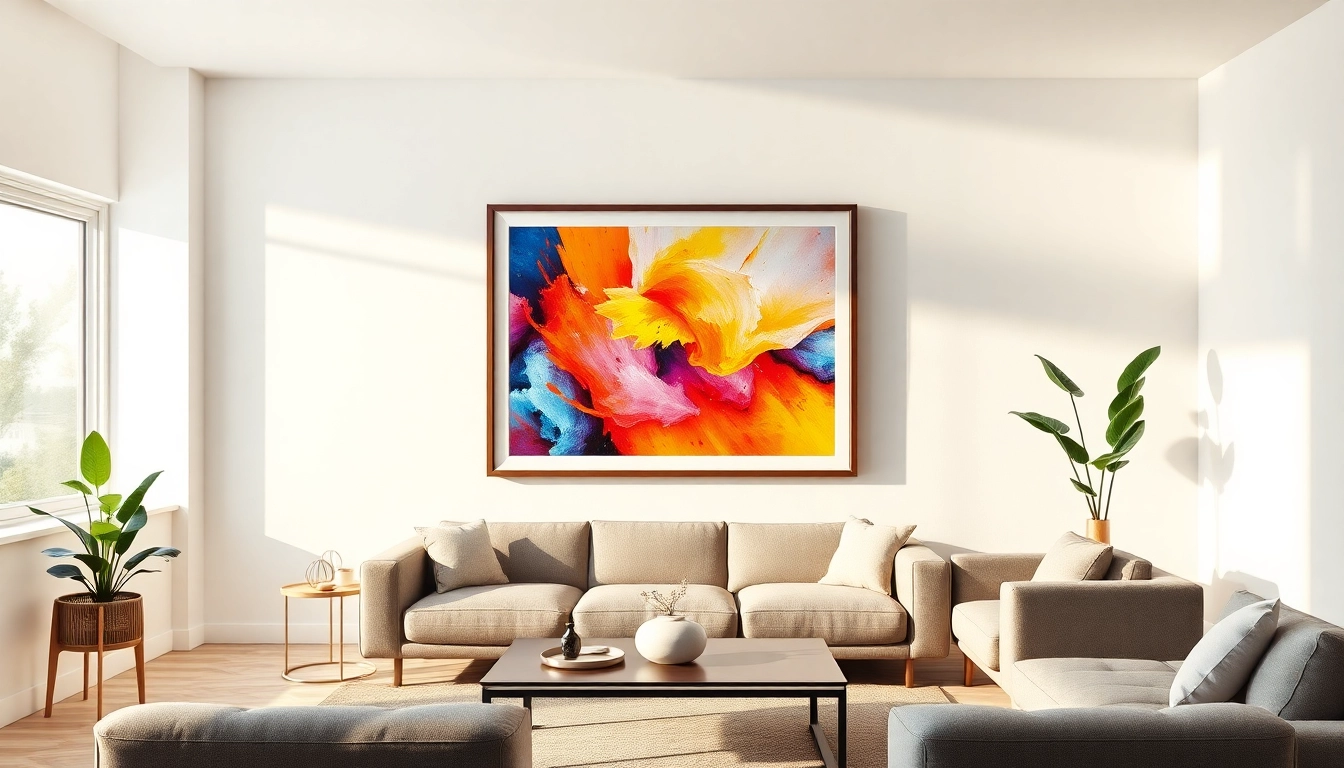 Display a vibrant art piece in a 24x36 frame, enhancing a bright living room ambiance.