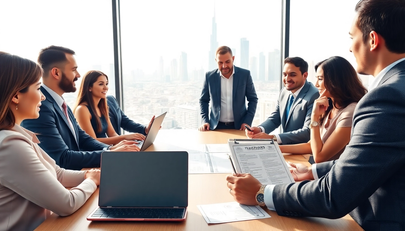 Learn about trademark registration in Dubai through professionals collaborating on trademark documents.