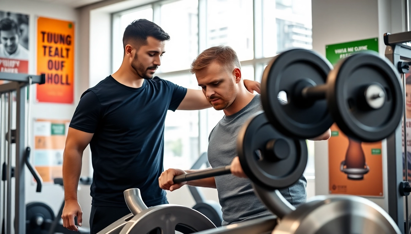 Strength Training Personal Trainer Downtown Jersey City motivating a client in a modern gym setting.