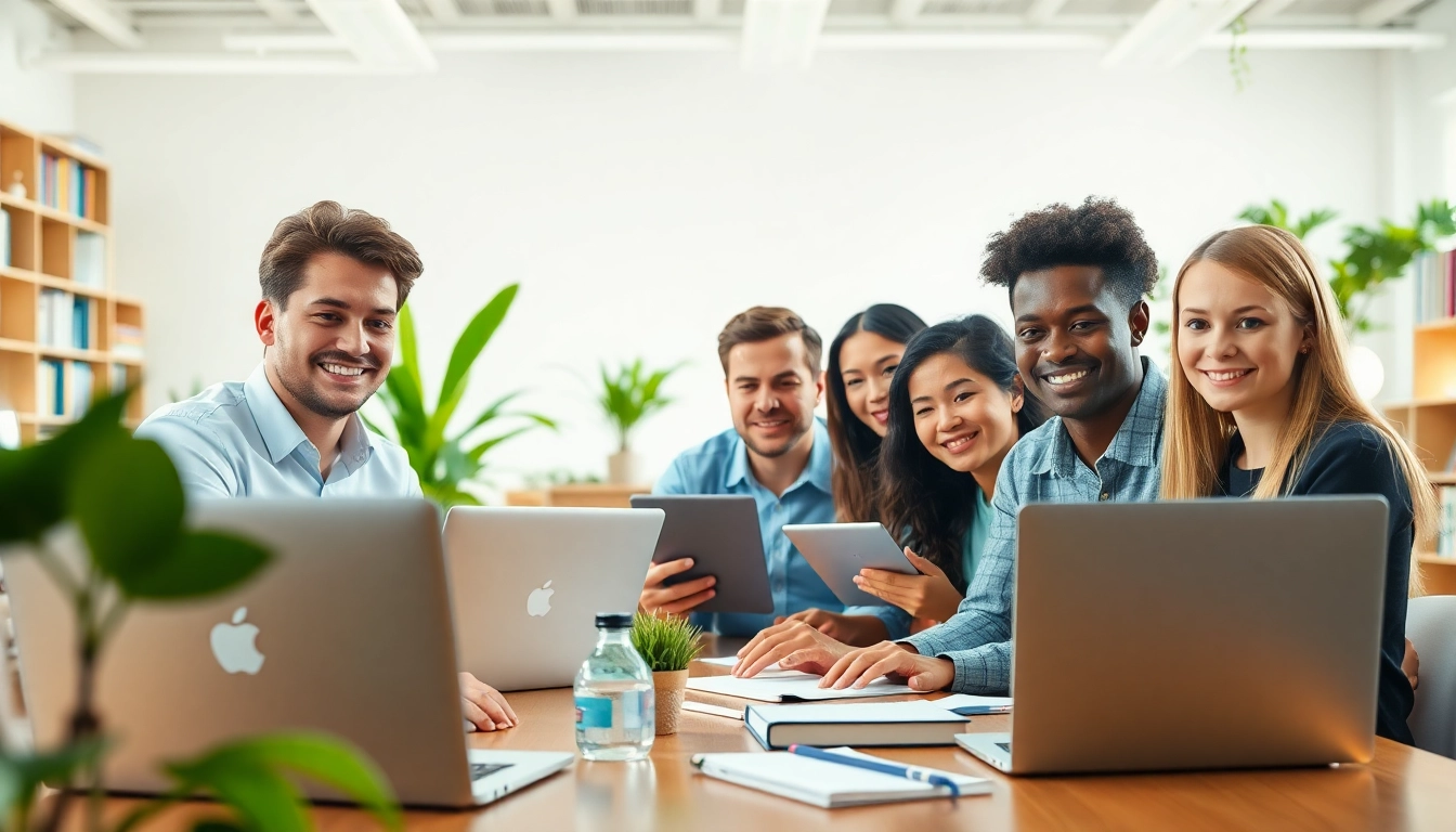 Engaged students pursuing online university degrees from UK in a bright, modern workspace.