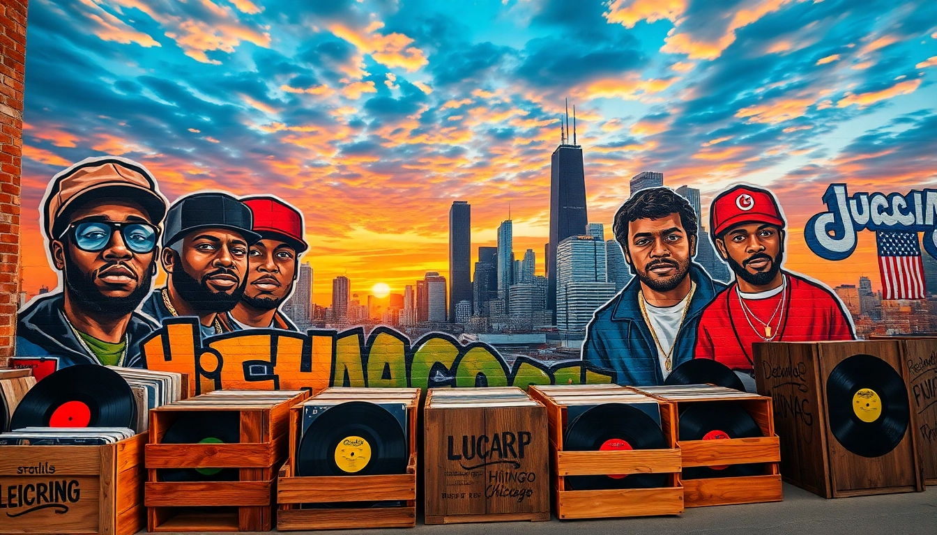 Showcasing Hip-hop mixtapes Chicago through vibrant street art featuring legendary artists and urban culture.