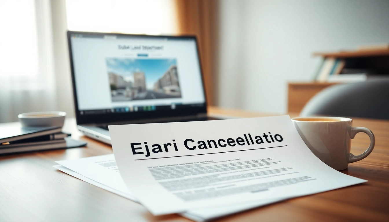 Streamlined ejari cancellation process represented through paperwork and technology in an office setting.