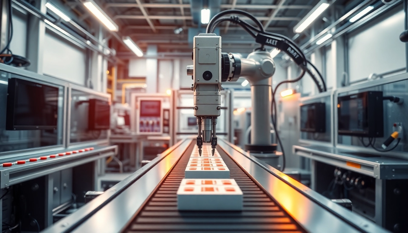 Showcasing advanced machine vision technology in an industrial setup, with machinery inspecting products efficiently.