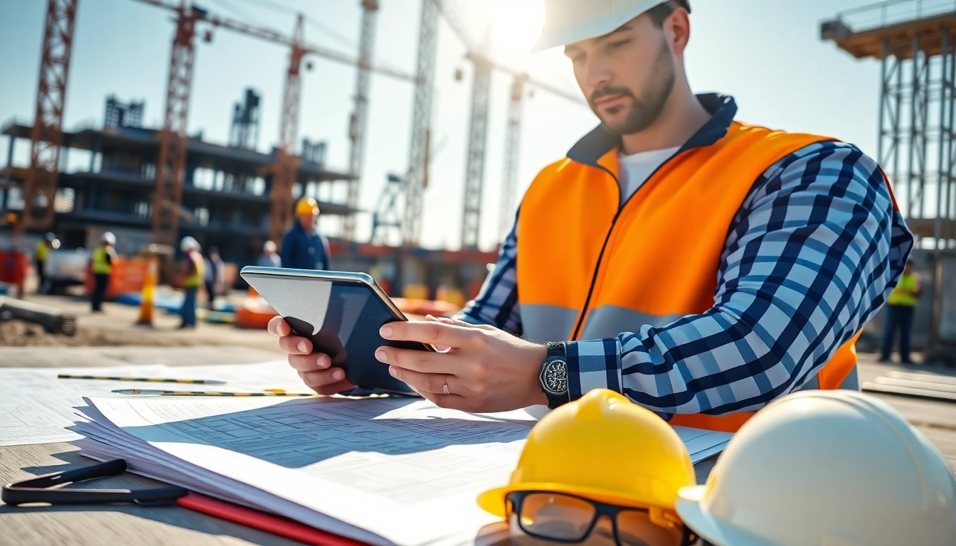 Manager evaluating nvq level 6 construction site management answers amid a vibrant construction site.