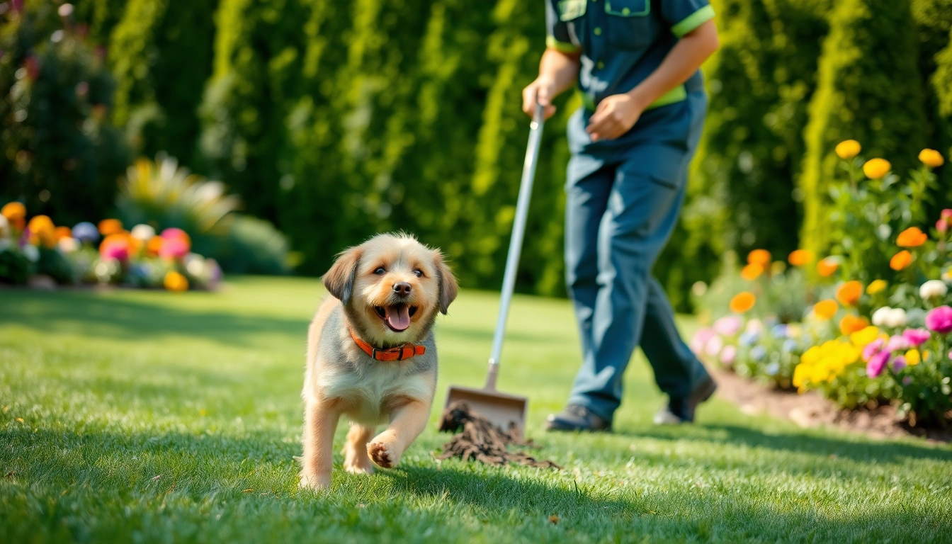 Dog clean up service technician efficiently cleans yard while a dog plays nearby