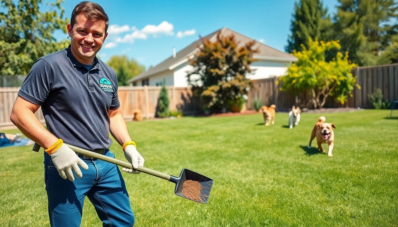 Dog poop cleanup service technician effectively cleaning a backyard, ensuring a pristine environment.