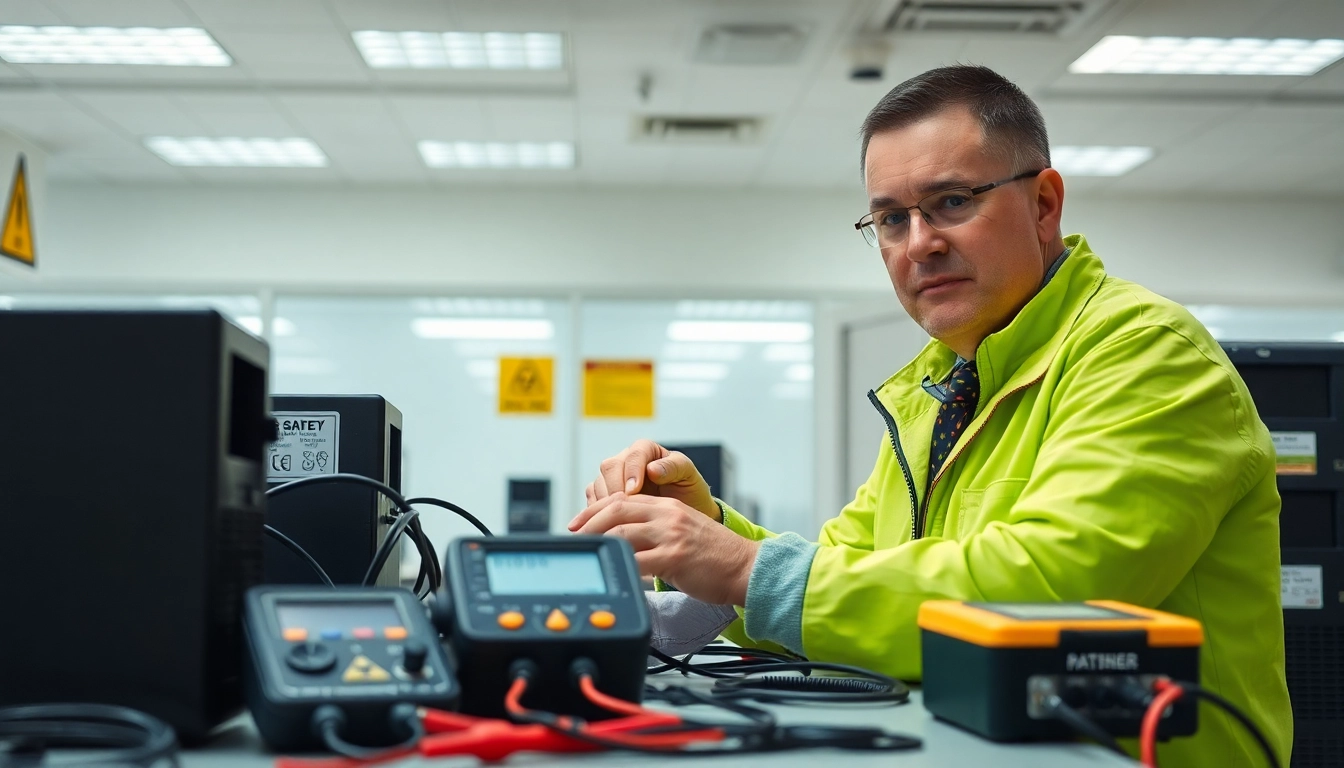 Performing Pat testing Cannock with a technician evaluating electrical appliances using specialized equipment.