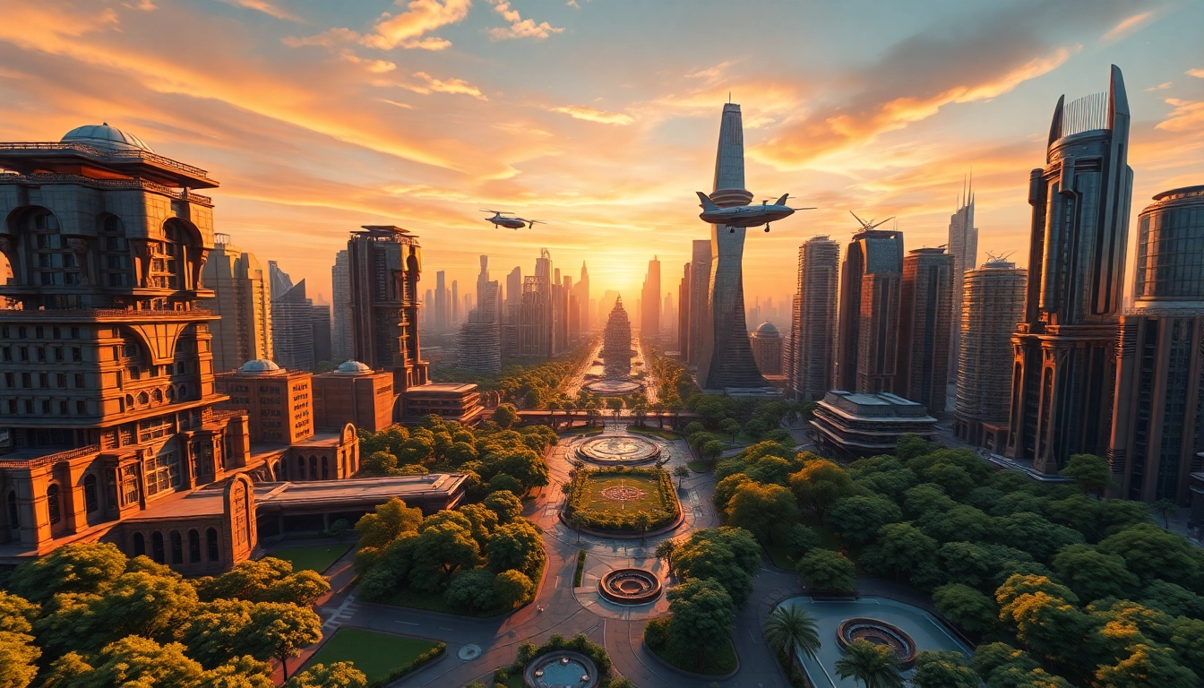 Engaging 3D Model Visualizations of a futuristic cityscape with detailed buildings and vibrant sunset.