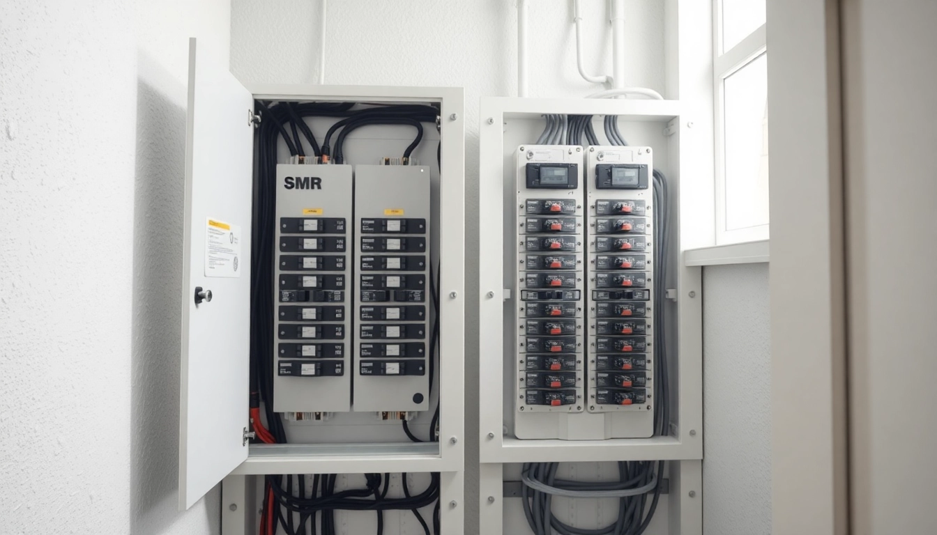 View of an advanced electrical panel with organized breakers in a clean home setting.