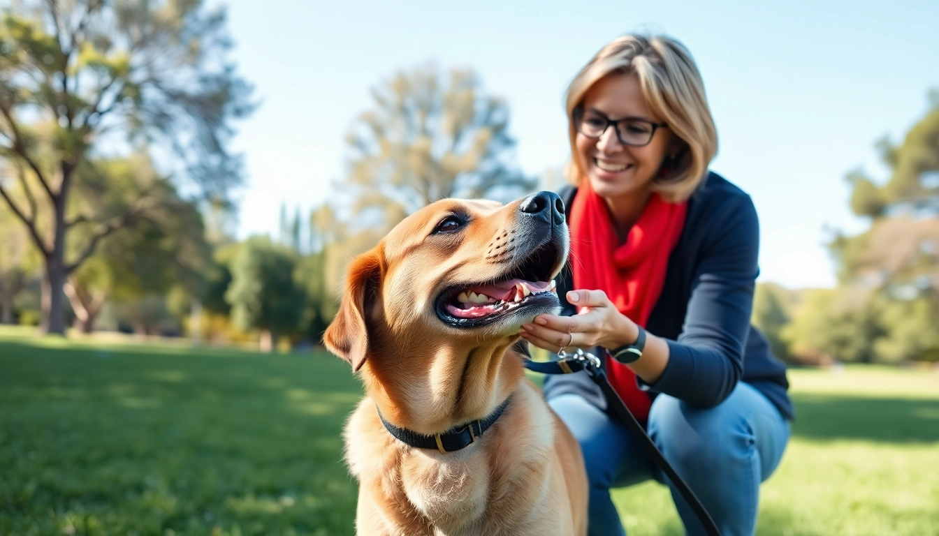 Dog Training Irvine: Professional trainer engaging with a Labrador in a sunny park setting.