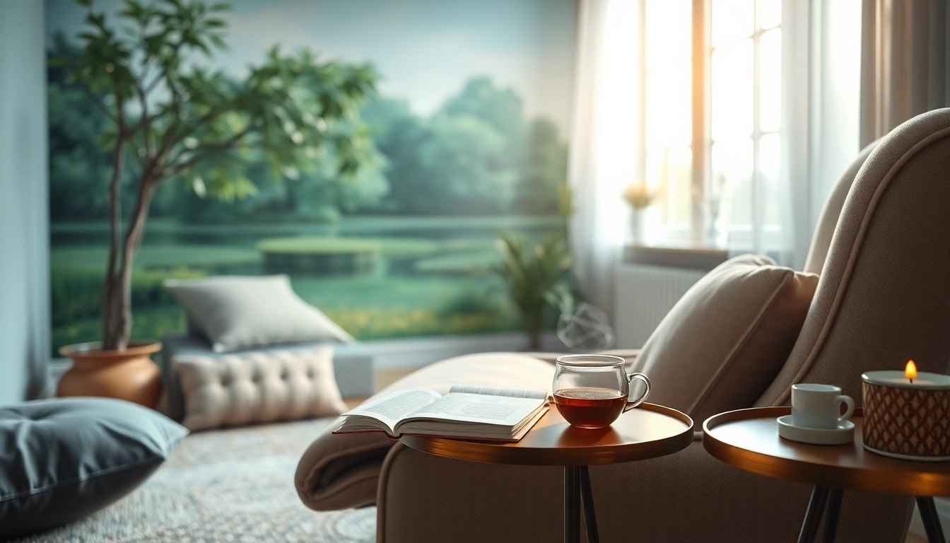 Create a calming environment for healing trauma with cozy seating and nature-inspired decor.