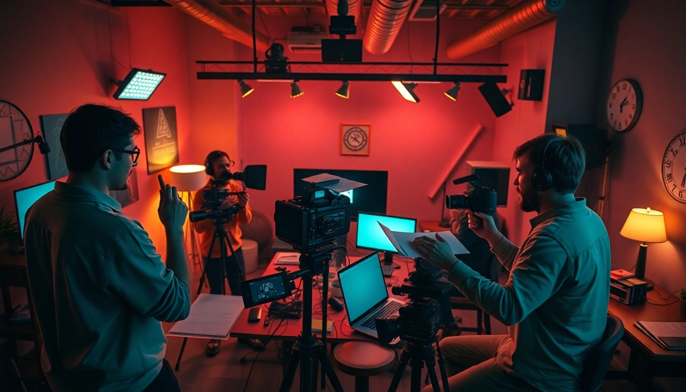 Creative video production team collaborating at a 영상제작업체 with cameras and storyboards.