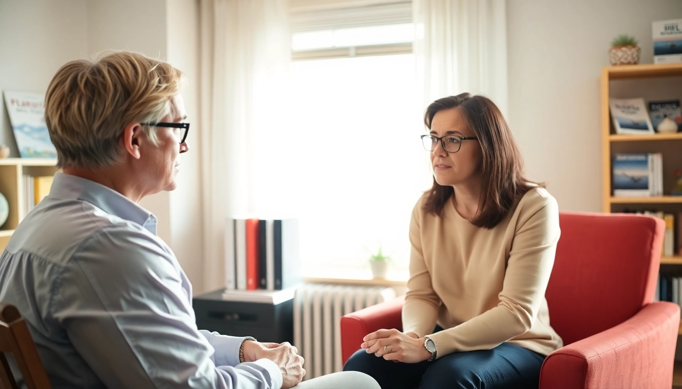 Therapist helping a client confront fear of flying in a calming consultation room.
