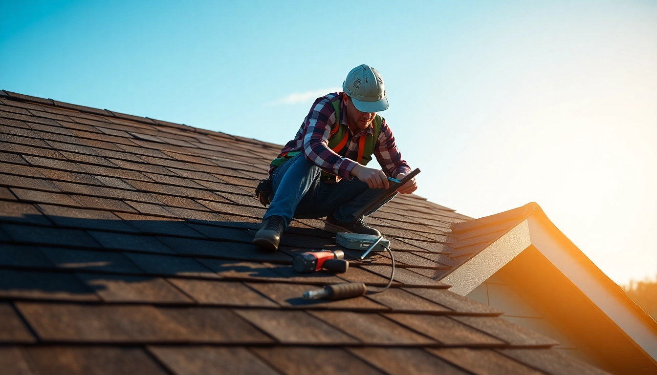 Experienced roofer providing emergency roofing services while repairing a residential roof.