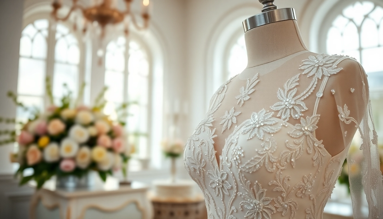 Brides envision elegance in beaded wedding dresses adorned with intricate designs at a bridal boutique.