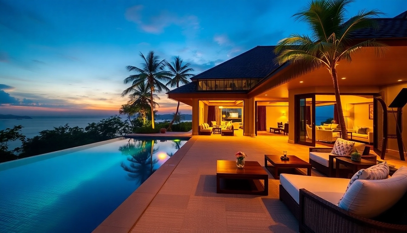 View a luxurious villa presented by real estate agent Phuket with a stunning pool amidst lush tropical surroundings.