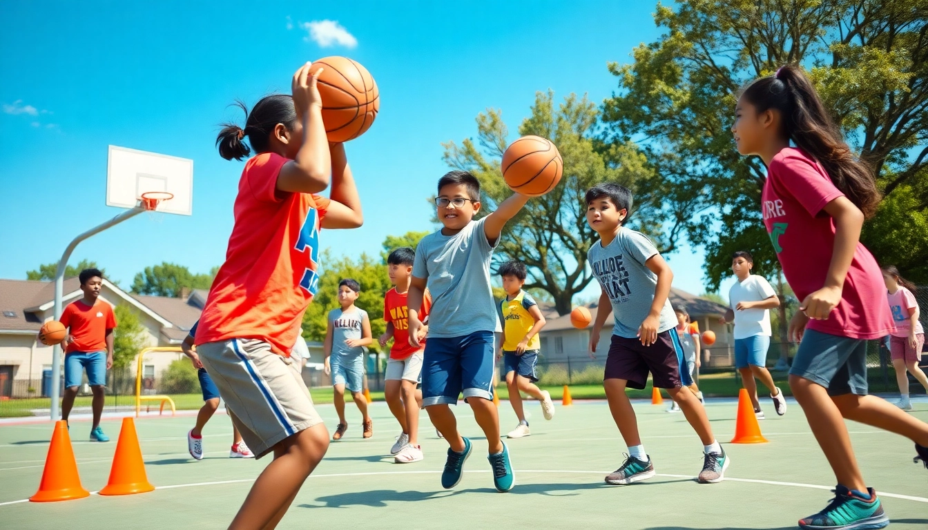 Young basketball enthusiasts practicing teamwork drills on a sunny court outdoors.
