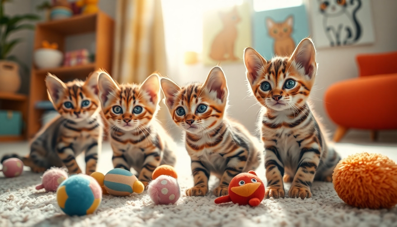 Adorable Bengal Kittens for Sale playing in a cozy, colorful setting with toys.