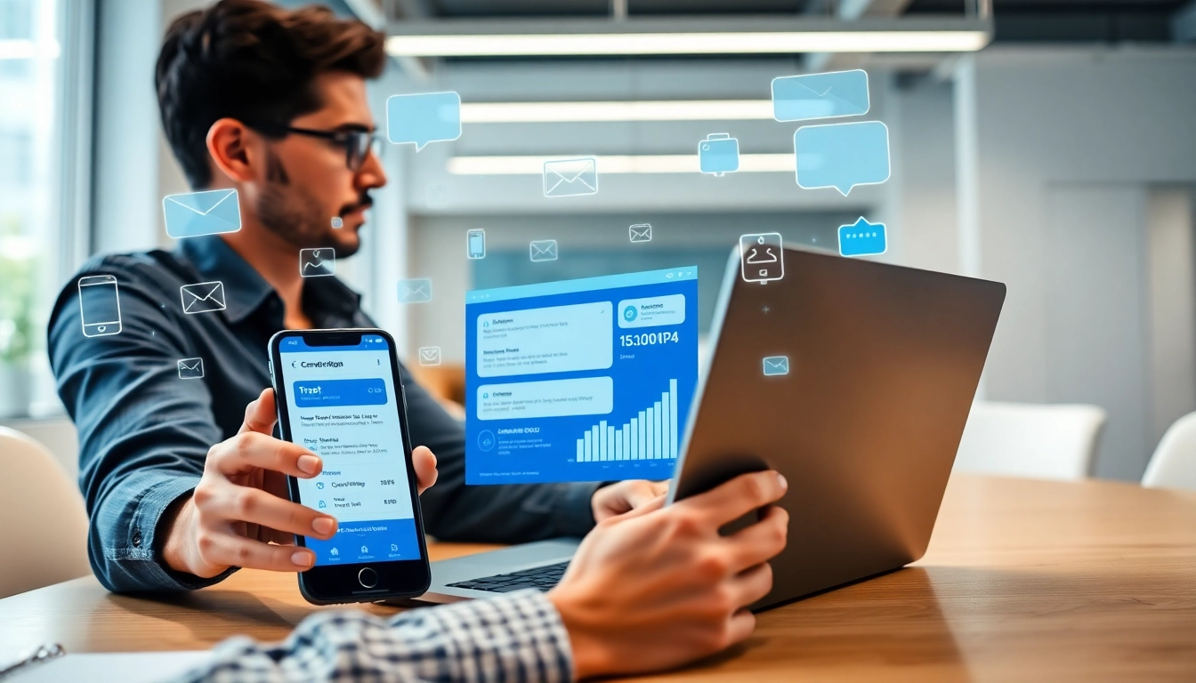 Analyze smsvpa data in a modern office, highlighting digital communication tools.