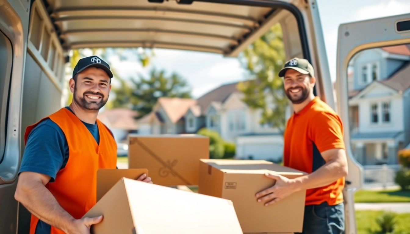 Two movers engaged in man and van moving service, loading items into a van in a sunny neighborhood.