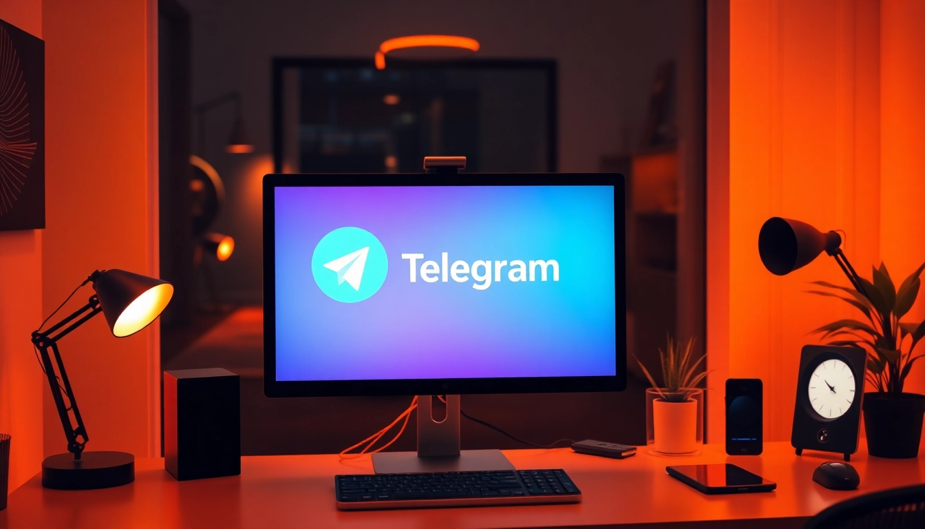 Download telegram下载电脑版 on a modern workspace with a computer screen showcasing the application.