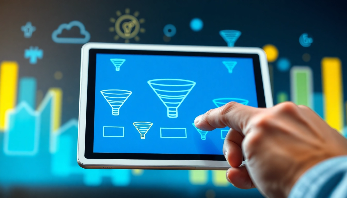 Engage with expert Funnelology strategies through innovative funnel design on a tablet.