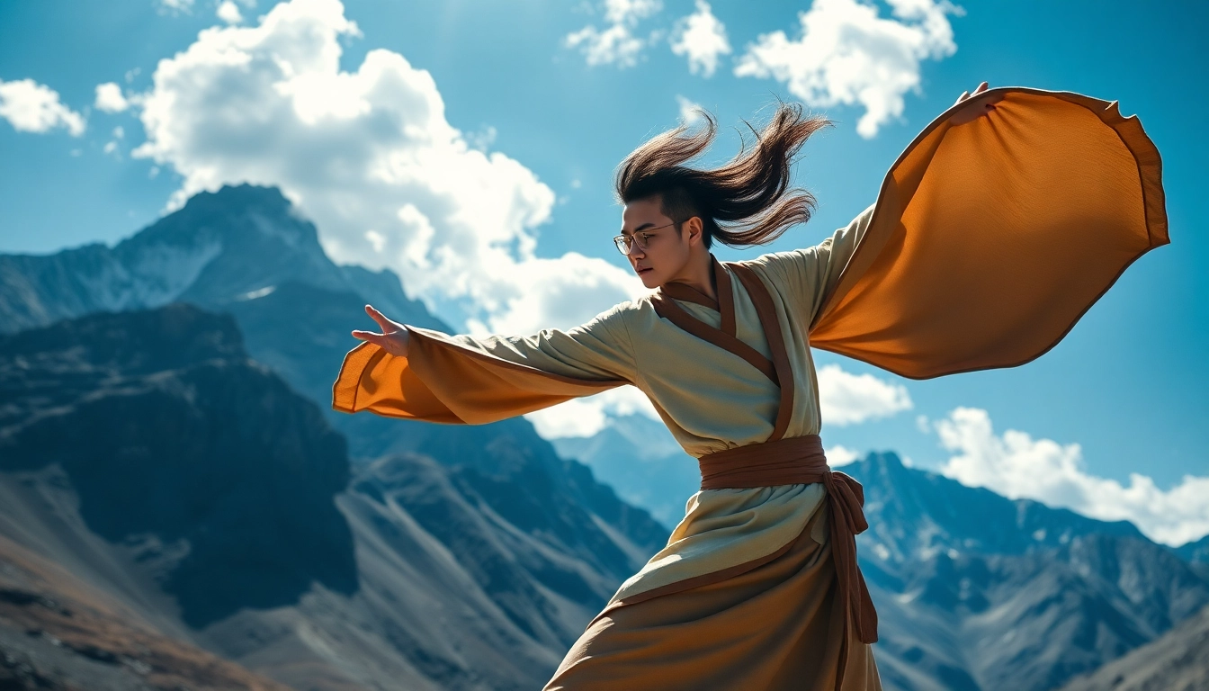 AirBend master performing graceful movements with flowing air currents in serene mountains.
