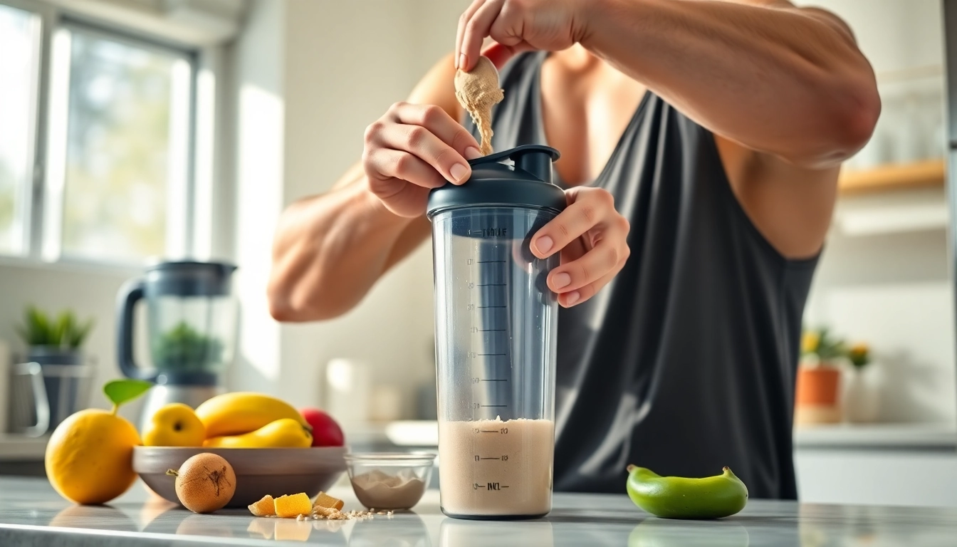 Protein Powder'ı karıştıran profesyonel bir sporcu, sağlıklı bir yaşam tarzını vurguluyor.