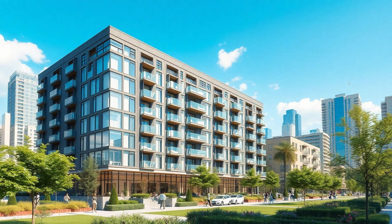 Architektur visualisierung eines modernen Wohngebäudes in urbaner Umgebung mit lebendigen Details.