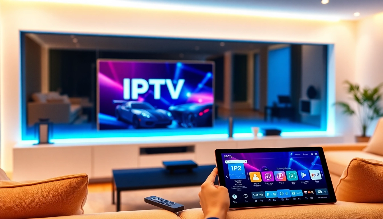 Comprar IPTV en un moderno salón con pantalla plana y iluminación LED vibrante.